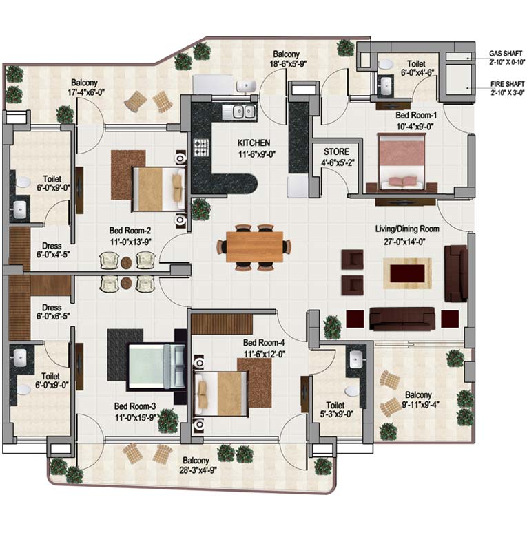 3+1 bhk apartment in zirakpur floor plan