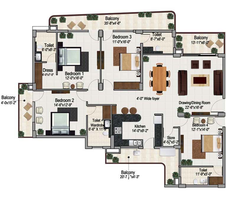 4 bhk apartment in zirakpur floor plan