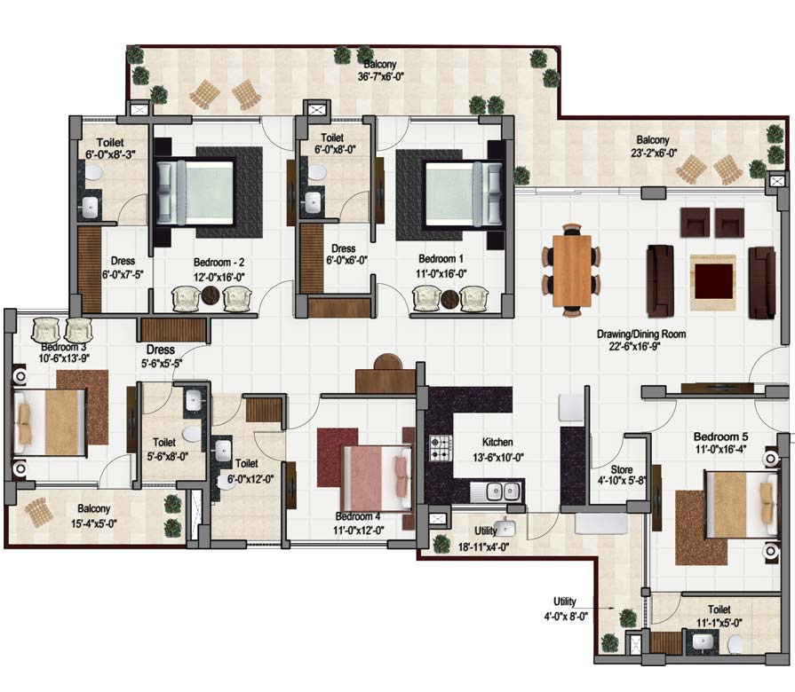 5 bhk apartment in Zirakpur floor plan